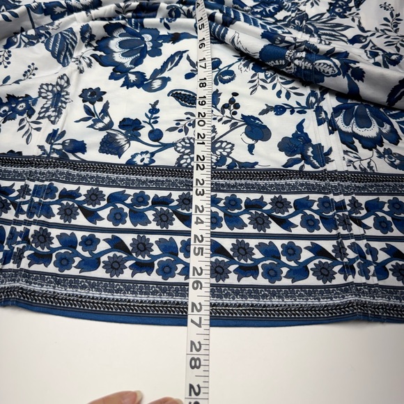 Floral Navy Blue and White Long Sleeve Pin-tuck Top, V Neck - Picture 7 of 11